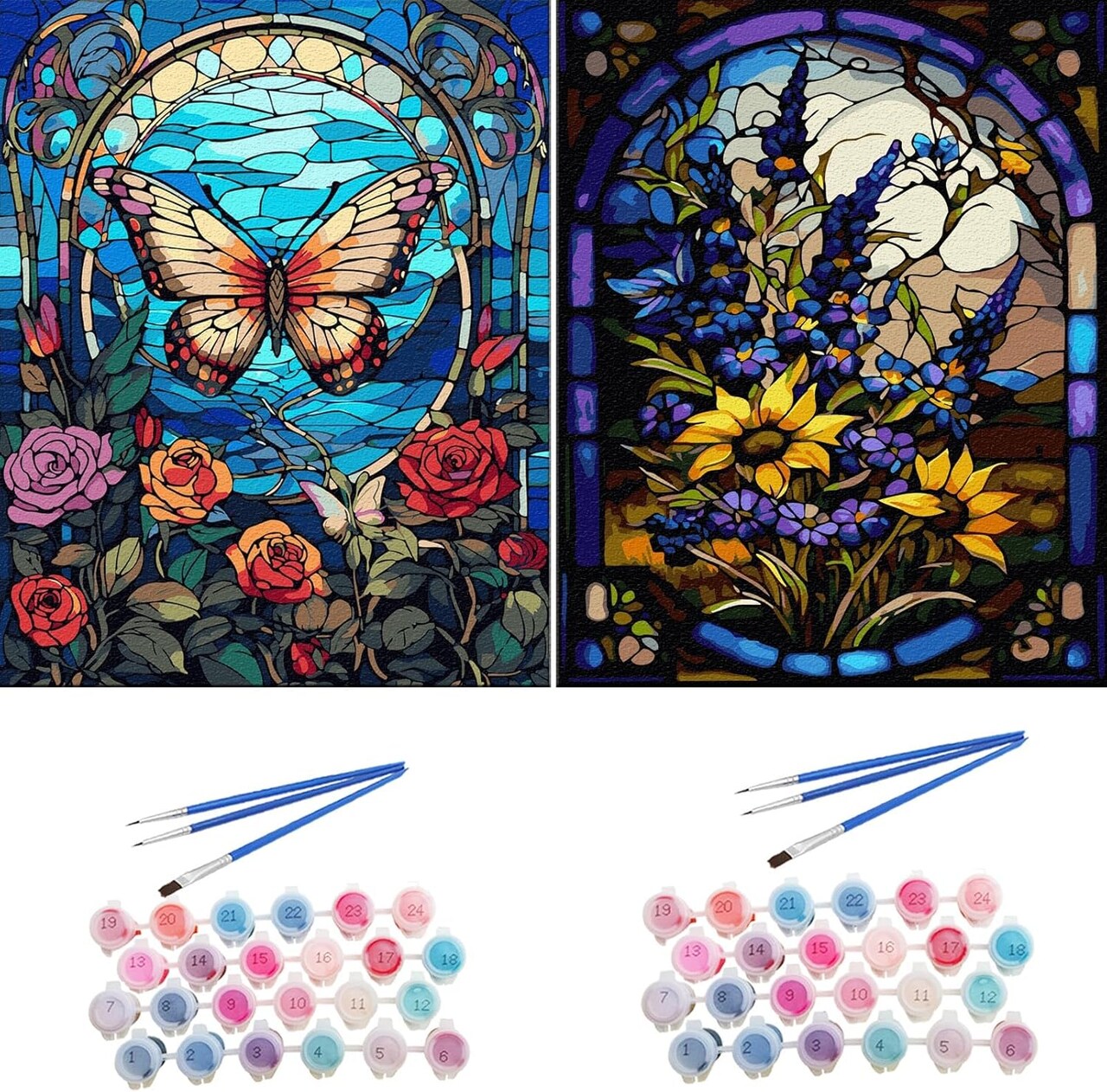 2 Pack Paint by Numbers Kit for Adults 16x20inch Stained Glass Butterfly Paint by Number Canvas, Acrylic Adults' Paint-by-Number Kits Flowers
